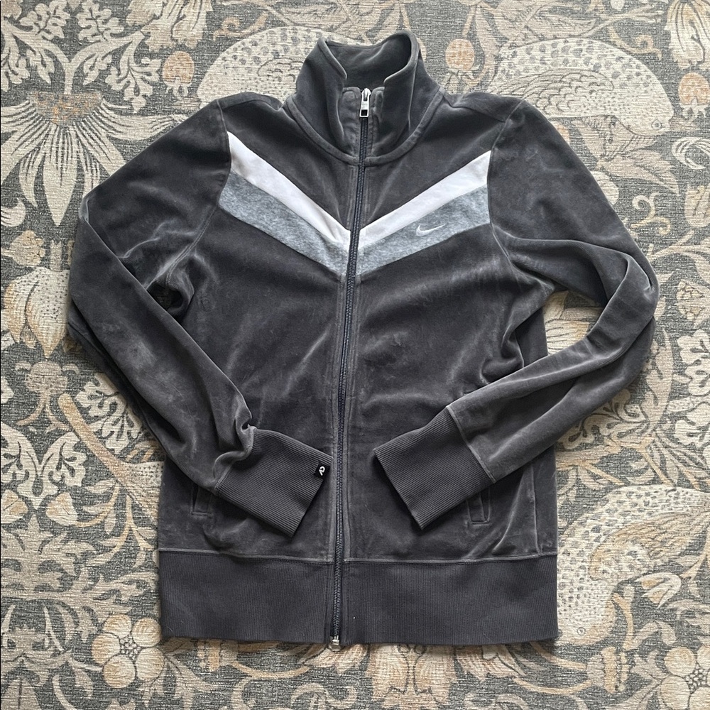 Nike Charcoal Jacket with White and Light Gray Stripes